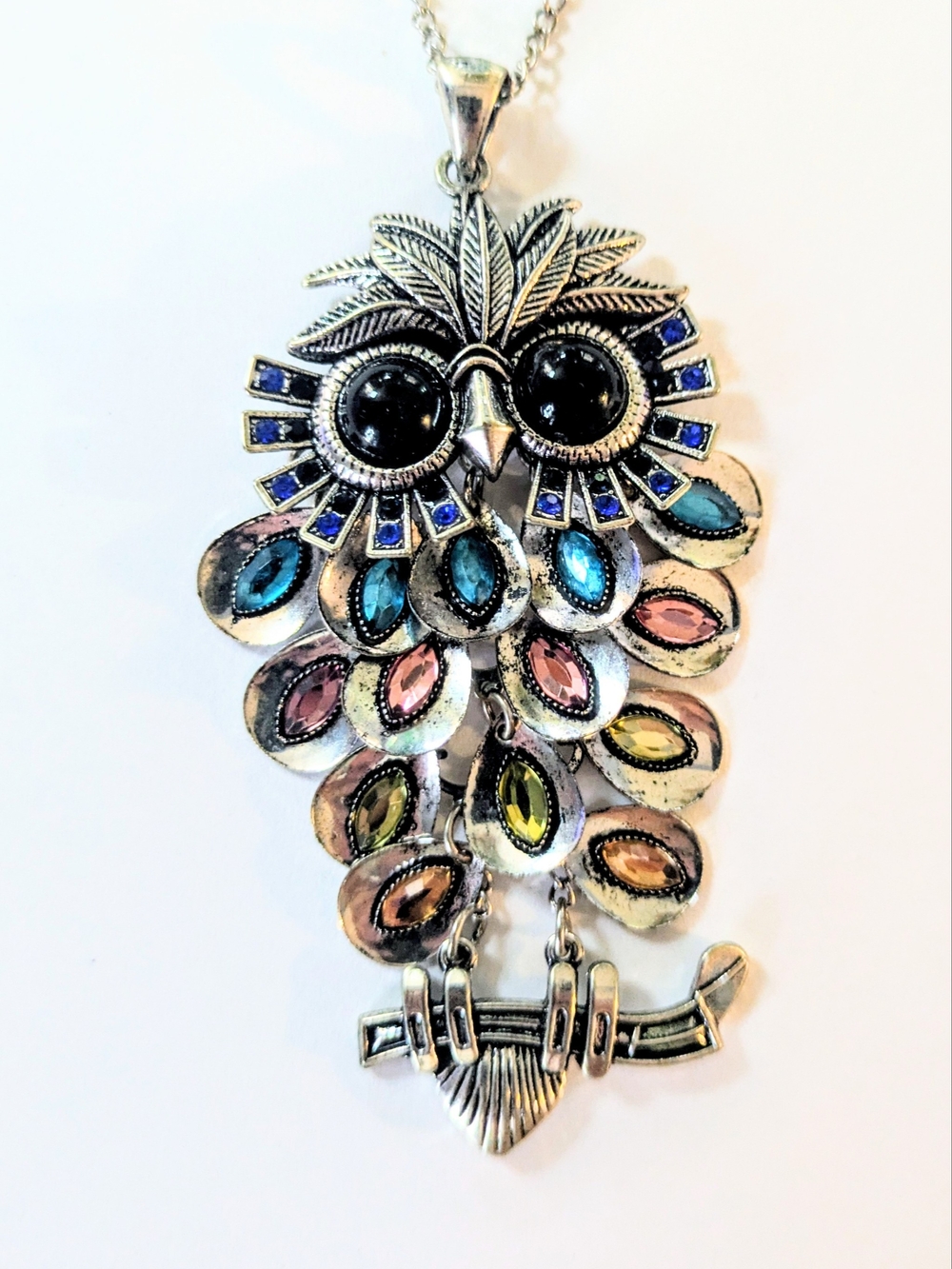 Vintage Silver Tone Large Colorful Rhinestone Articulated Owl Pendant Necklace